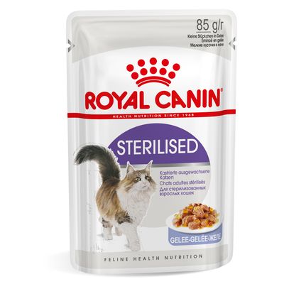 Royal Canin STERILISED macskaeledel, 85 g x12 tasak, jelly állag, Weight maintenance, Health Nutrition feliratok láthatók a csomagoláson.
