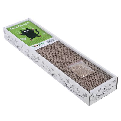 Zooplus Multi-Scratch cardboard scratching board with bag of catnip, packaging features green design with black cat and butterflies.