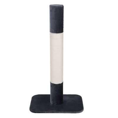 Cat tree with rectangular base, dark grey fabric and light sisal scratching surface. Simple design for claw care.