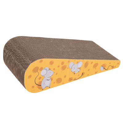 Cardboard scratching board in cheese shape with yellow design and mouse motifs on the sides.
