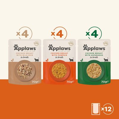 Pack contains 4 pouches each of chicken breast with wild rice, chicken breast with pumpkin, and chicken breast with asparagus in broth, 70g each, total 12 pouches.