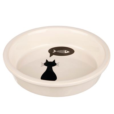 Keramiknapf mit schwarzem Katzenmotiv und Sprechblase mit Fischsymbol, geeignet für Futter oder Wasser.