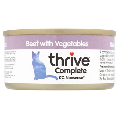 Tin labelled 'Beef with Vegetables', thrive Complete, 0% Nonsense. Includes a blue cat silhouette and product information text.
