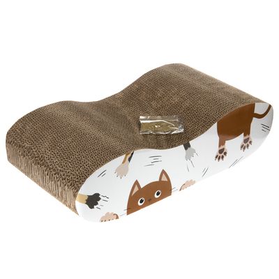 Wellpappe-Kratzbrett mit Katzenmotiv und beigefügtem Beutel, vermutlich mit Katzenminze.