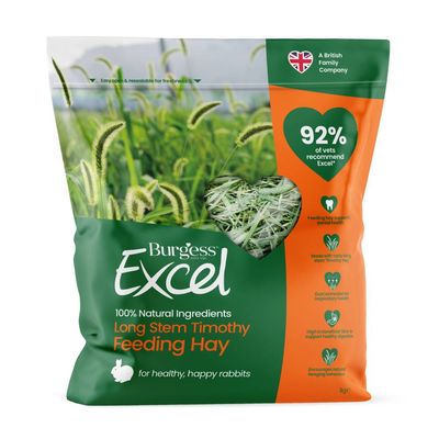 Burgess Excel Long Stem Timothy Feeding Hay, 100% natural ingredients. 92% of vets recommend Excel. Supports dental and respiratory health, digestion, and foraging behaviour.