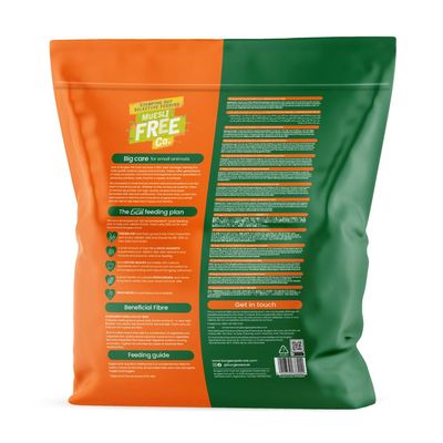 Back of pet food bag showing feeding guide, beneficial fibre information, care instructions for small animals, and contact details. Includes a section on the Excel feeding plan.