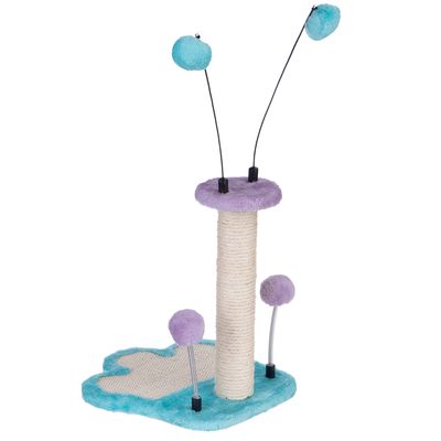 Scratching post with sisal column, turquoise-purple paw-shaped base, play balls attached to springs and wires.