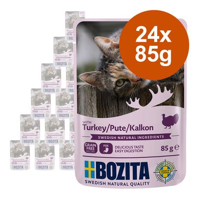 Bozita hrana za mačke s puretinom, 24x85g, bez žitarica, FOS za laku probavu, švedski prirodni sastojci, proizvedeno u Švedskoj.