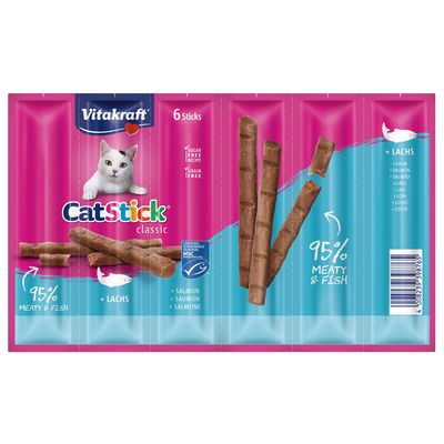 Vitakraft CatStick classic lazaccal, 6 rúd, 95% hús és hal, cukormentes, gabonamentes, MSC tanúsítvánnyal.