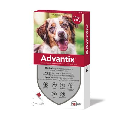 Advantix solución spot-on para perros de 10–25 kg. Elimina garrapatas, pulgas y piojos; repele flebotomos, mosquitos y mosca de los establos. 4 pipetas de 2,5 ml. No usar en gatos.