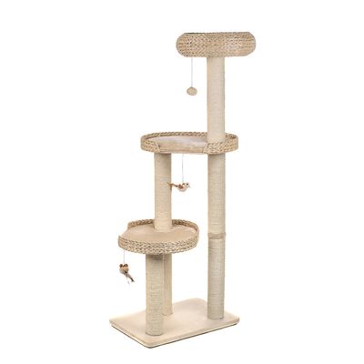 Cat tree with three beige platforms, sisal-wrapped posts, hanging toy balls and mice. Orange corner banner with white text: Top Seller.