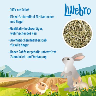 Lillebro. 100% natürliches Einzelfuttermittel für Kaninchen und Nager. Hochwertiges Heu, aromatischer Knabberspass, hoher Rohfasergehalt zur Unterstützung von Zahnabtrieb und Verdauung.