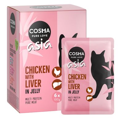 Cosma Pure Love Asia Tuna with Crab in Jelly, 6×100g, multi protein, pure fish & seafood feliratú macskaeledel csomagolás látható.