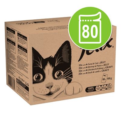 Caja de Felix con ilustración de gato, incluye 80 sobres de 100 g cada uno. Variedades: atún y bacalao en gelatina, gambas y solla en gelatina, pollo y riñón en salsa, pato y cordero en salsa.