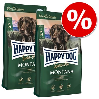 Dva pakiranja Happy Dog Sensible Montana Pferd suhe hrane za pse, 11 kg+, oznaka za popust, vidljiv tekst: Made with Love in Germany, Adult.