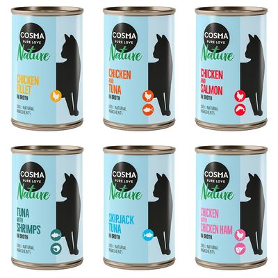 Pack de 12 latas de 140 g Cosma Pure Love Nature Chicken Fillet in Broth, 100% natural ingredients. Imagen de lata con silueta de gato y texto en inglés.