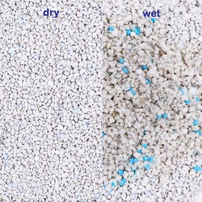 Comparison of litter granules, showing dry on the left and wet with blue particles on the right to illustrate absorption difference.