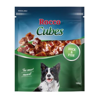 Rocco Cubes, csirke és hal, 150g. Újrazárható csomagolás. Kutya képe a csomagolás alján.