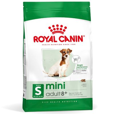 Royal Canin mini adult 8+ kutyatáp, S méret, 10 kg-ig, 8 év feletti kutyáknak. Weight maintenance, optimal vitality support feliratok láthatók.