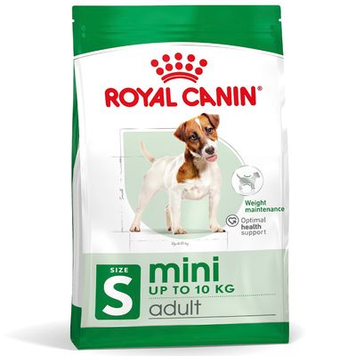 Royal Canin mini adult kutyatáp, S méret, 10 kg-ig, Weight maintenance, Optimal health support feliratokkal, Jack Russell terrier képe a csomagoláson
