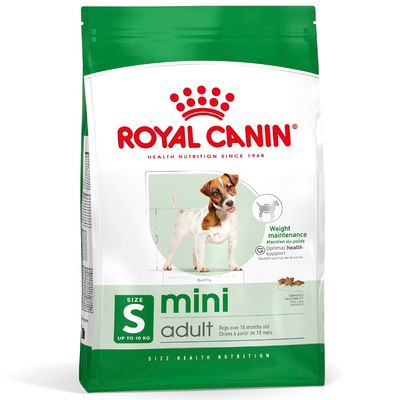 Royal Canin mini adult kutyatáp, zöld-fehér csomagolás, S méret 10 kg-ig, Weight maintenance, Optimal health support feliratok láthatók.