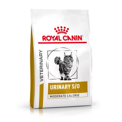 Royal Canin Veterinary Urinary S/O Moderate Calorie macskaeledel, csomagolás macska képével.
