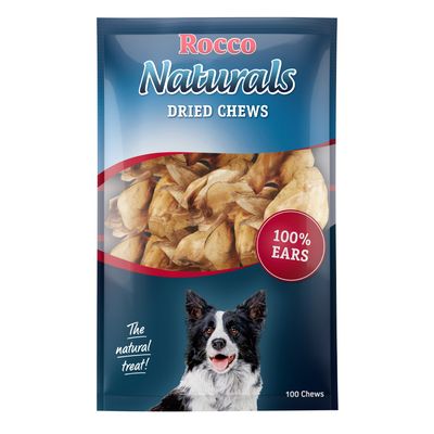 Rocco Naturals szárított rágók, 100% fül, 100 darab. Csomagolás szárított fülekkel és kutya képe.