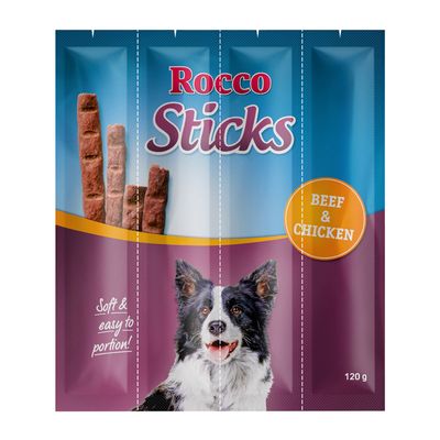 Rocco Sticks jutalomfalat csomag, 36x. Csomagoláson: Rocco Sticks, With Poultry, kutya képe, pálcika formájú falatok láthatók.