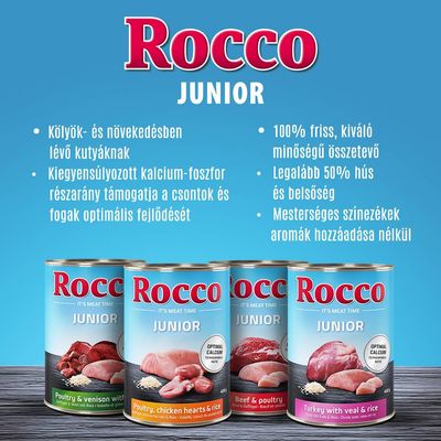 Rocco Junior konzerv kutyatáp. Kölyök- és növekedésben lévő kutyáknak, legalább 50% hús és belsőség, mesterséges színezékek és aromák nélkül, többféle ízben.