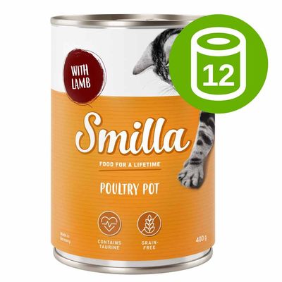 Smilla Poultry Pot with Lamb, 400 g. Zestaw 12 puszek. Na etykiecie: contains taurine, grain-free, food for a lifetime.