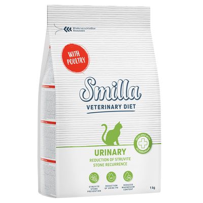 Smilla Veterinary Diet Urinary s peradićem, razvijeno s veterinarima. Za prevenciju struvitnih kamenaca, smanjenje pH urina i sadržaja magnezija. Ponovno zatvorivo, 1 kg.