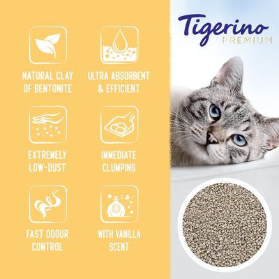 Product features: natural clay of bentonite, ultra absorbent and efficient, extremely low-dust, immediate clumping, fast odour control, with vanilla scent.