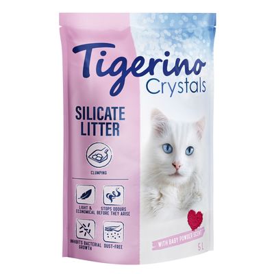 Tigerino Crystals silicate litter, clumping, lightweight, odour-binding, inhibits bacterial growth, dust-free, with baby powder scent, 5L pack.