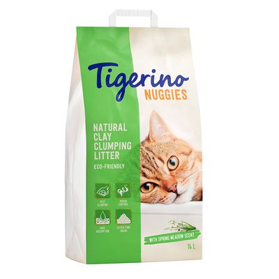 Tigerino Nuggies Natural Clay Clumping Litter, eco-friendly, with spring meadow scent, fast clumping, odour control, high absorption, extra-fine granules, 14L.