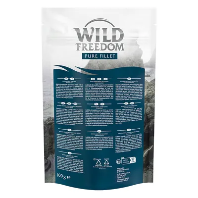 Wild Freedom Pure Fillet, 100 g. Csomagolás többnyelvű termékinformációkkal, újrahasznosítási szimbólumokkal és összetevőkkel. Wild Freedom Pure Fillet, 100 g. Csomagolás többnyelvű termékinformációkkal, újrahasznosítási szimbólumokkal és összetevőkkel.