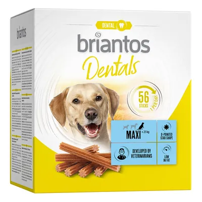 Briantos Dentals, 56 rúd csomagonként, 25 kg feletti kutyáknak, csillag alakú, alacsony zsírtartalmú, állatorvosok által fejlesztve. Briantos Dentals, 56 rúd csomagonként, 25 kg feletti kutyáknak, csillag alakú, alacsony zsírtartalmú, állatorvosok által fejlesztve.