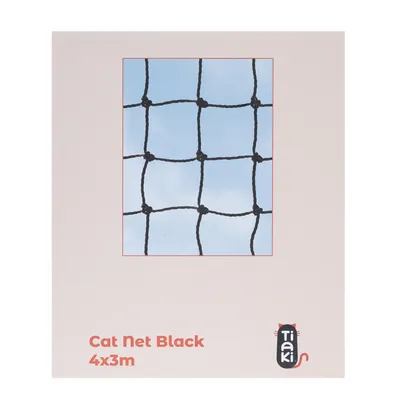 Tiaki Cat Net Black, Grösse 4x3m. Schwarzes Netz mit quadratischer Maschenstruktur vor blauem Hintergrund. Tiaki Cat Net Black, Grösse 4x3m. Schwarzes Netz mit quadratischer Maschenstruktur vor blauem Hintergrund.