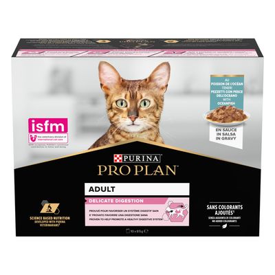 Purina Pro Plan Adult Delicate Digestion with ocean fish in gravy, science-based nutrition, no added colourants, ISFM recognition, proven to help promote a healthy digestive system.
