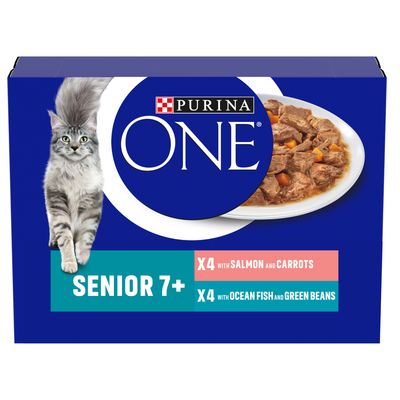 Senior 7+ selection: 4 with salmon and carrots, 4 with ocean fish and green beans. Purina One branding visible.
