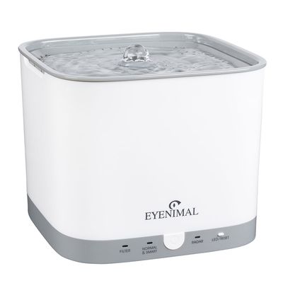 Eyenimal fontanna na wodę z filtrem, tryby Normalny i Smart, radar oraz funkcje LED/reset. Biały design z szarą podstawą.