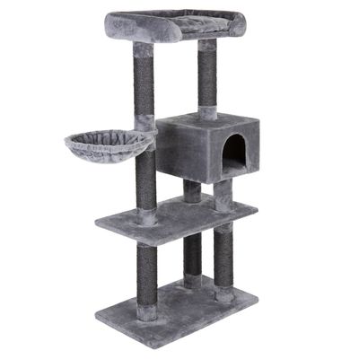 Grey cat tree with multiple levels, cave, hammock and padded lying surface. Posts wrapped with sisal.