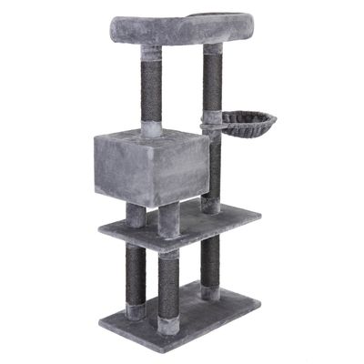 Grey scratching post with three levels, padded top lying surface, cave in the middle and side hanging hammock. Posts wrapped with black sisal.
