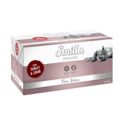 Smilla Fine Menu pulykával és báránnyal, taurinnal, gabonamentes receptúra, csomag 8 x 100 g-os adag tasakban.