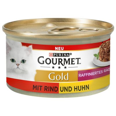 Purina Gourmet Gold Ragout refinado con pollo, lata con imagen de un gato blanco y símbolo verde para 12 latas.