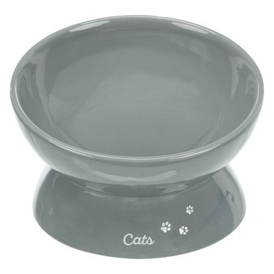 Siva keramička zdjelica s povišenim postoljem, natpis 'Cats' i otisci šapa na bazi.