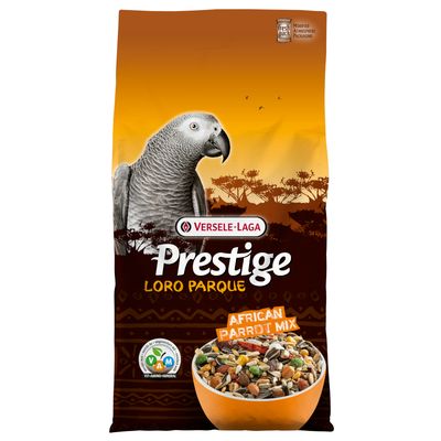 Versele-Laga Prestige Loro Parque African Parrot Mix. Csomagolás papagájképpel, Vit-Amino-Mineral pecséttel, friss mag- és gabonakeverékkel.