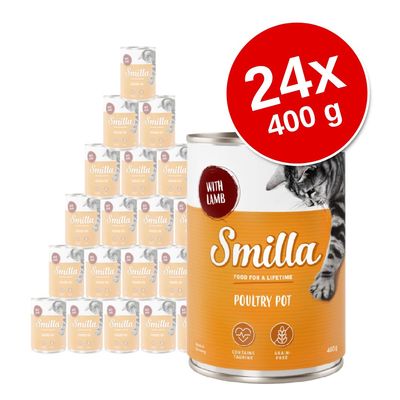 Smilla Poultry Pot with Lamb, 24 puszki po 400 g. Widoczny napis: contains taurine, grain-free. Na etykiecie kot i logo Smilla.