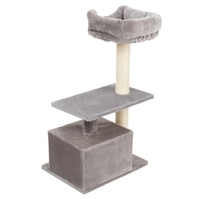 Grey scratching post with two levels, sisal scratching pole and padded top lying surface.