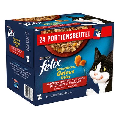 Purina Felix Sensations Gelees, válogatott ízek vidékről, 24 adag tasak marhával, csirkével, kacsával és báránnyal zselében.