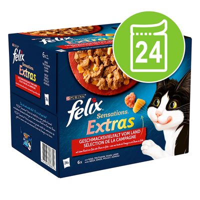 Purina felix Sensations Extras macskaeledel válogatás, 24 tasakos csomag, látható ízek: marha, pulyka, csirke, bárány. Felirat: GESCHMACKSVIELFALT VOM LAND.